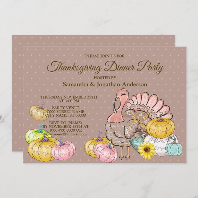 Thanksgiving Dinner Party Turkey Pumpkins Pink Tan Invitation (Front/Back)