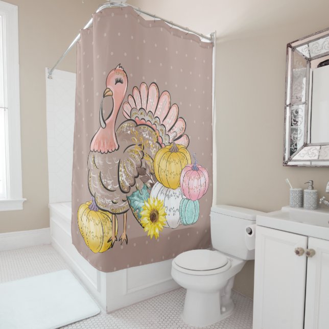 Thanksgiving Dinner Party Turkey Pumpkins Pink Tan Shower Curtain (In Situ)