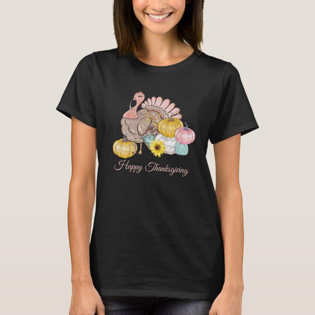 Thanksgiving Dinner Party Turkey Pumpkins Pink Tan T-Shirt (Front)