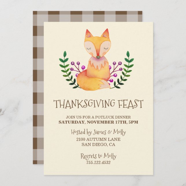 Thanksgiving Dinner Party Watercolor Fox Invitation (Front/Back)