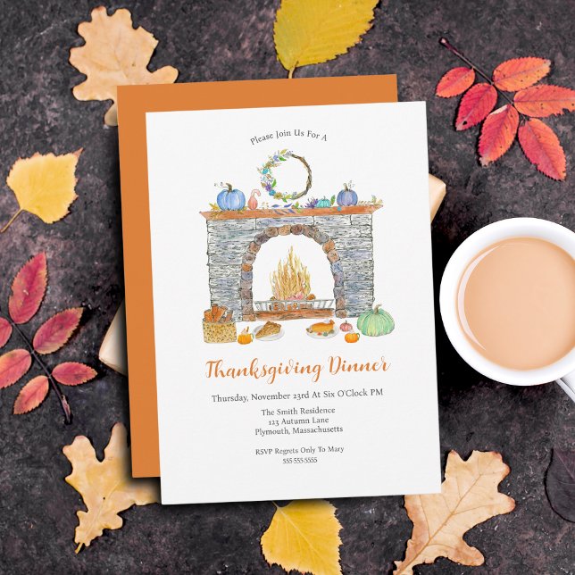 Thanksgiving Dinner Pies, Fireplace, Pumpkins Invitation (Thanksgiving Hearth: Cozy, Delightful, Instant Download, Personalize, Togetherness, Watercolor, Pen )
