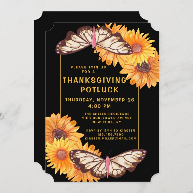 Thanksgiving Dinner Potluck Sunflowers Butterflies Invitation (Front/Back)