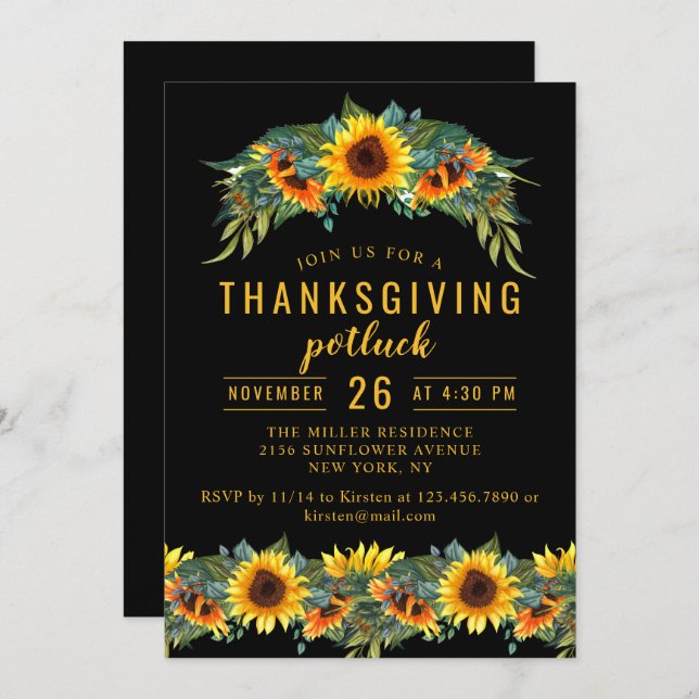 Thanksgiving Dinner Potluck Watercolor Sunflowers Invitation (Front/Back)