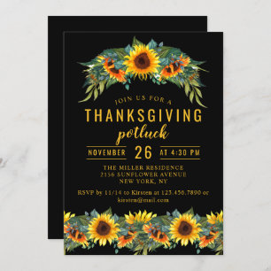 Thanksgiving Dinner Potluck Watercolor Sunflowers Invitation