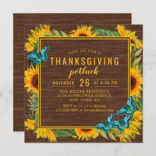 Thanksgiving Dinner Potluck Watercolor Sunflowers Invitation