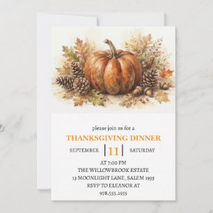 Thanksgiving Dinner Pumpkin & Autumn Leaves Invitation