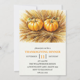 Thanksgiving Dinner Pumpkin & Autumn Leaves Invitation