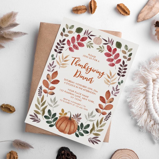 Thanksgiving Dinner Pumpkin & Autumn Leaves  Invitation (Creator Uploaded)