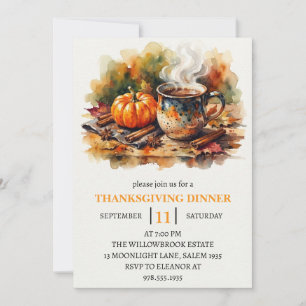 Thanksgiving Dinner Pumpkin & Autumn Leaves Invitation