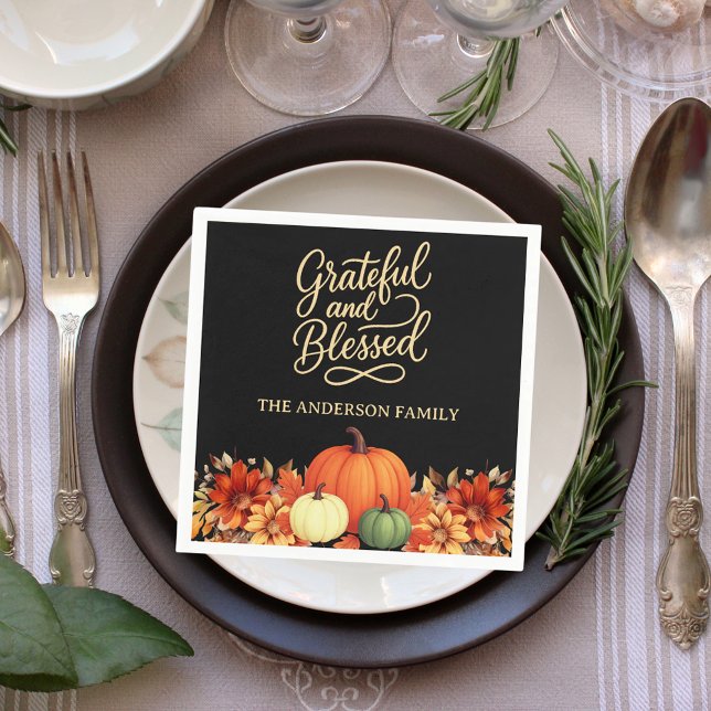 Thanksgiving dinner pumpkin black Grateful blessed Napkin (Creator Uploaded)