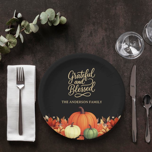 Thanksgiving dinner pumpkin black Grateful blessed Paper Plate (Creator Uploaded)