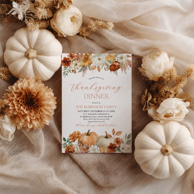 Thanksgiving Dinner Pumpkin Fall Leaves  Invitation (Thanksgiving Dinner Invitation with pumpkins and fall leaves in earthy tones.)