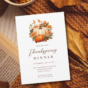 Thanksgiving Dinner Pumpkin Floral Script White Invitation