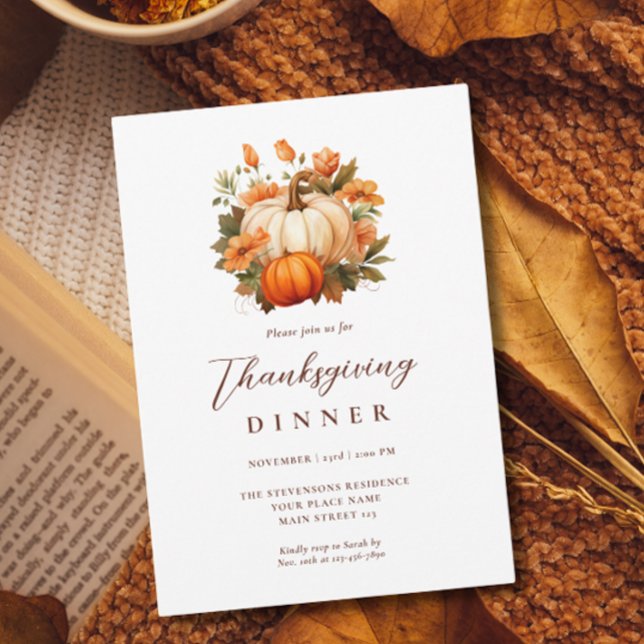 Thanksgiving Dinner Pumpkin Floral Script White Invitation (Creator Uploaded)