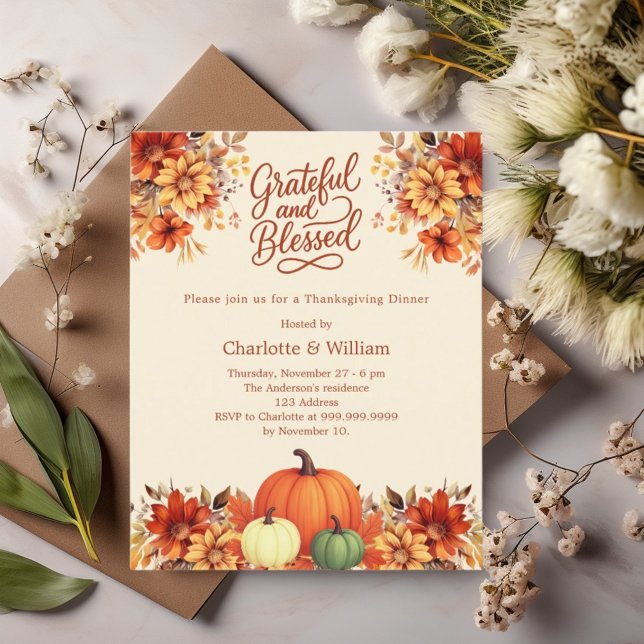 Thanksgiving dinner pumpkin flowers invitation (Creator Uploaded)