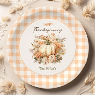 Thanksgiving Dinner Pumpkin Gingham Pastel Paper Plate