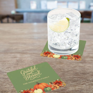 Thanksgiving dinner pumpkin green Grateful blessed Square Paper Coaster