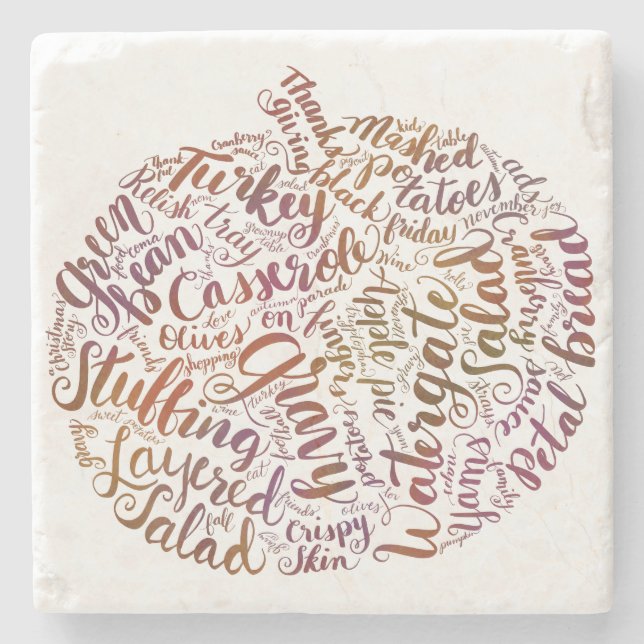 Thanksgiving Dinner Pumpkin Hand-Lettered Script Stone Coaster (Front)