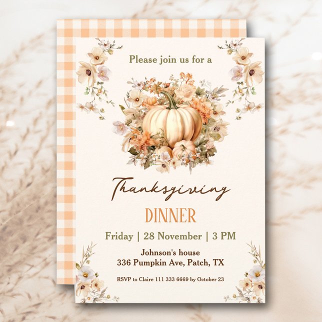 Thanksgiving Dinner Pumpkin Pastel Orange Floral Invitation (Thanksgiving Dinner Pumpkin Pastel Orange Floral Invitation )