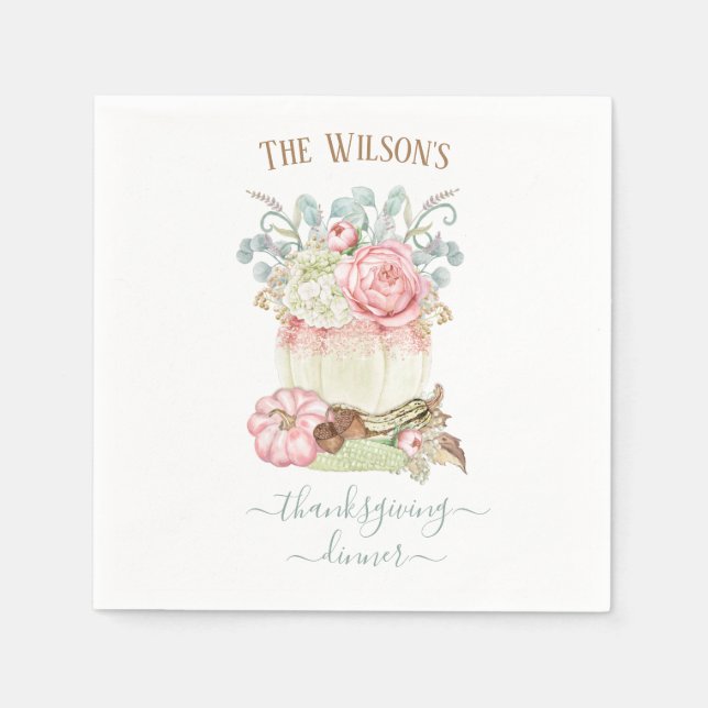 Thanksgiving Dinner Pumpkin Pink Green Napkin (Front)