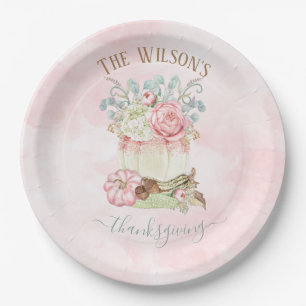 Thanksgiving Dinner Pumpkin Pink Green Paper Plate