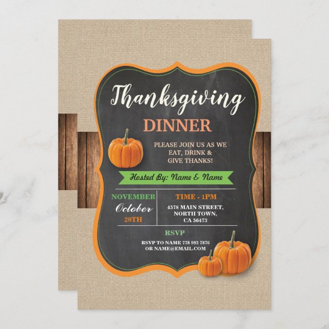Thanksgiving Dinner Pumpkin Rustic Wood Invite (Front/Back)