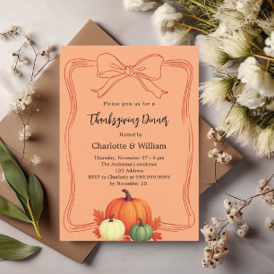 Thanksgiving dinner pumpkins bow atomic tangerine invitation