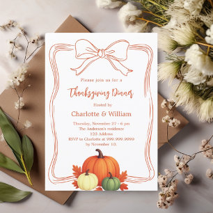 Thanksgiving dinner pumpkins bow hand-drawn orange invitation
