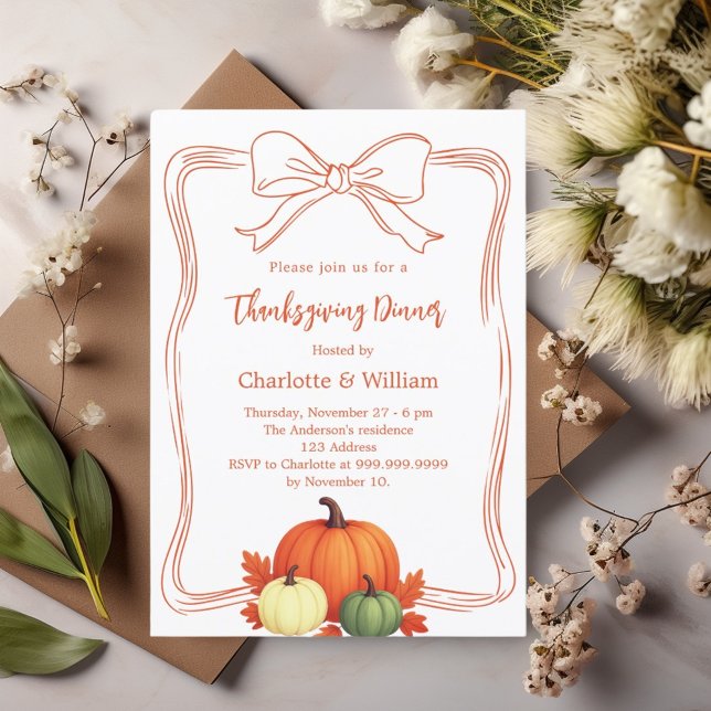 Thanksgiving dinner pumpkins bow hand-drawn orange invitation (Creator Uploaded)
