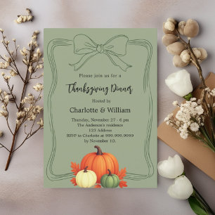 Thanksgiving dinner pumpkins bow muted moss green invitation