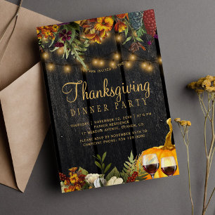 Thanksgiving dinner rustic floral wood pumpkin invitation