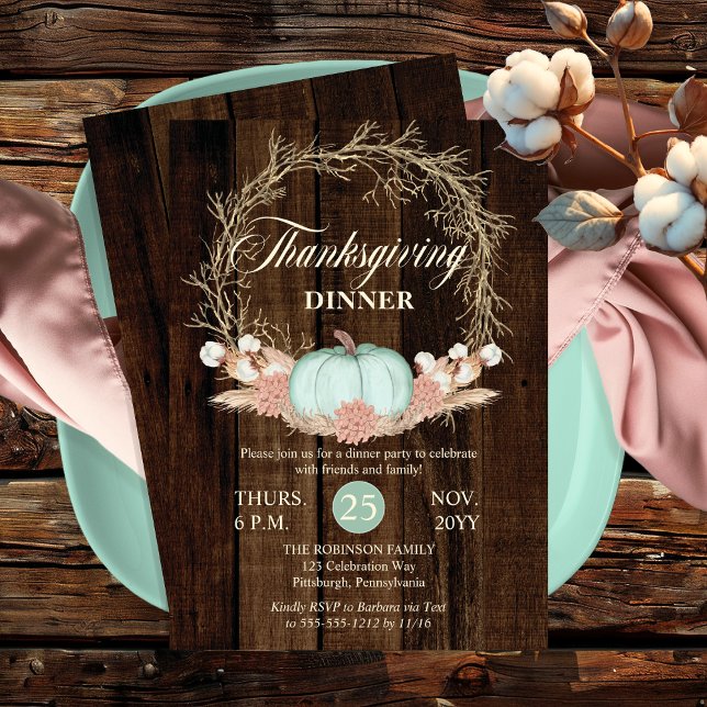 Thanksgiving Dinner Rustic Pumpkin Pampas Wreath   Invitation (Thanksgiving Dinner Rustic Pumpkin Pampas Wreath Pink | Mint Pastels Invitation)