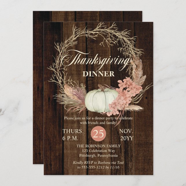 Thanksgiving Dinner Rustic Pumpkin Pampas Wreath  Invitation (Front/Back)