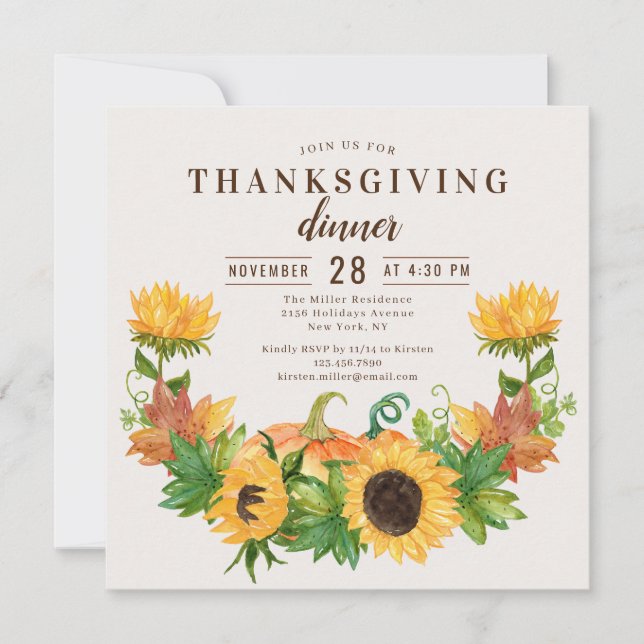 Thanksgiving Dinner Rustic Sunflower Pumpkin Invitation (Front)