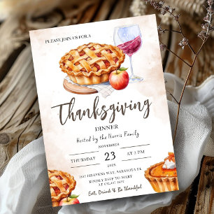 Thanksgiving Dinner Rustic Watercolor Pumpkin Pie  Invitation