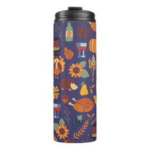 Thanksgiving dinner seamless vintage pattern with thermal tumbler