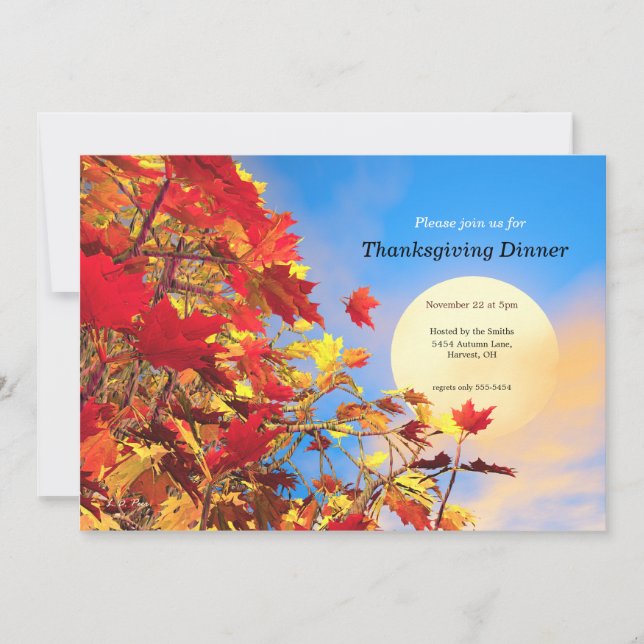 Thanksgiving Dinner Sun and Fall Tree Invitation (Front)