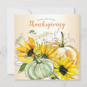 Thanksgiving Dinner Sunflower Floral and Pumpkins Invitation