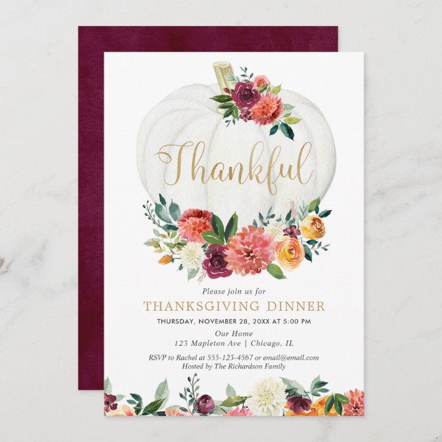 Thanksgiving dinner Thankful rustic fall floral Invitation (Front/Back)