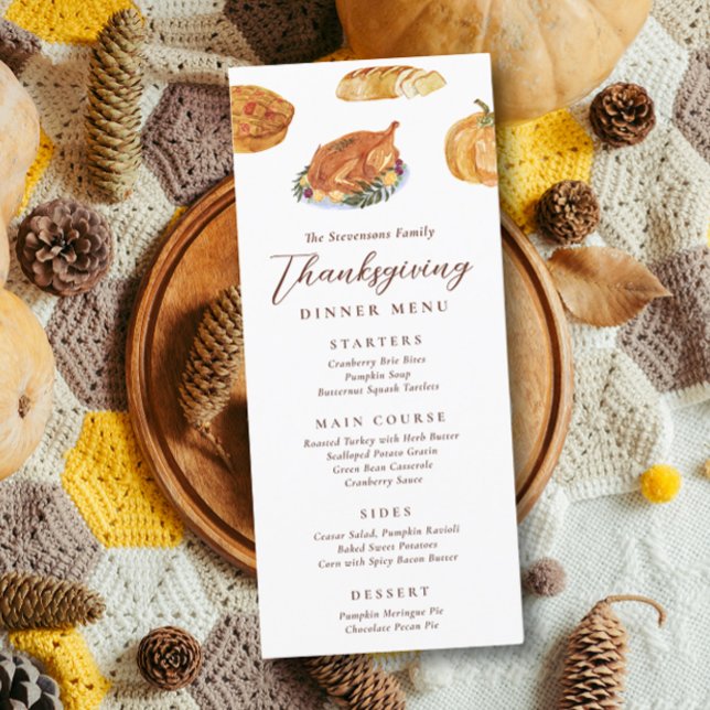 Thanksgiving Dinner Turkey & Pie Watercolor Rustic Menu (Creator Uploaded)