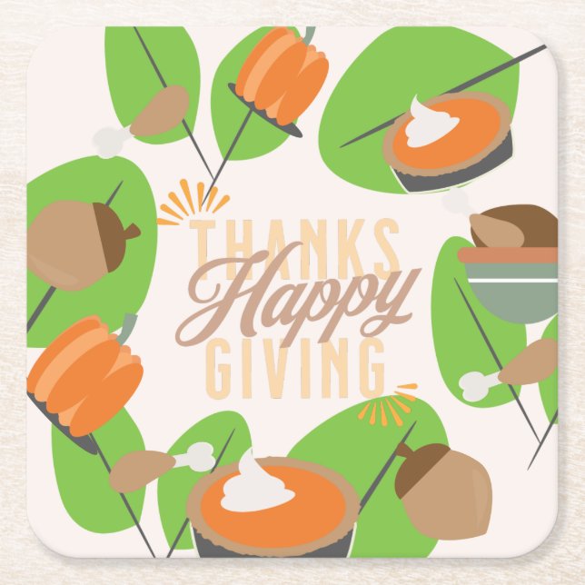 Thanksgiving Dinner Turkey Pumpkin Fall Greenery Square Paper Coaster (Front)