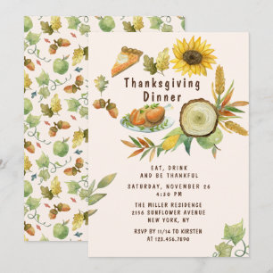 Thanksgiving Dinner Turkey Pumpkin Pie Sunflowers Invitation