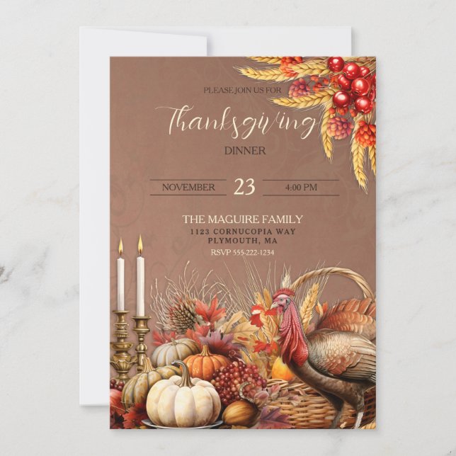 Thanksgiving Dinner Turkey Pumpkins Candles Invitation (Front)