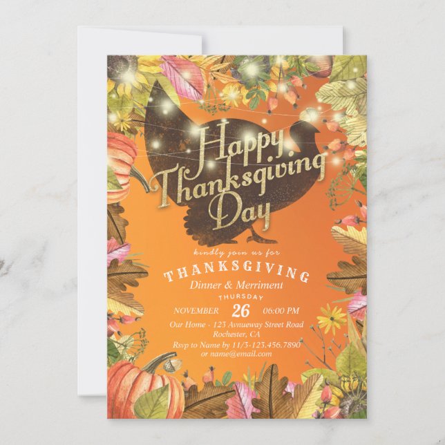 Thanksgiving Dinner Turkey Pumpkins & Fall Leaves Invitation (Front)