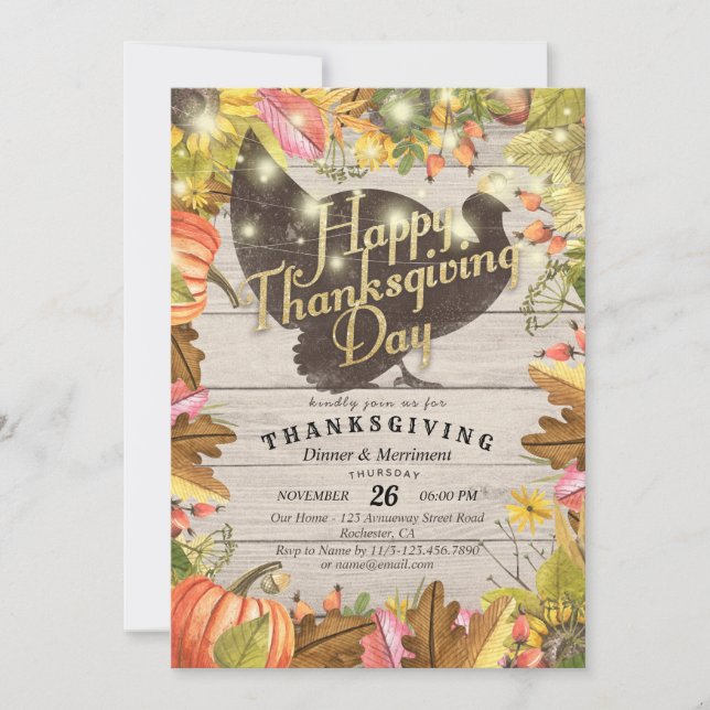 Thanksgiving Dinner Turkey Pumpkins & Fall Leaves Invitation (Front)
