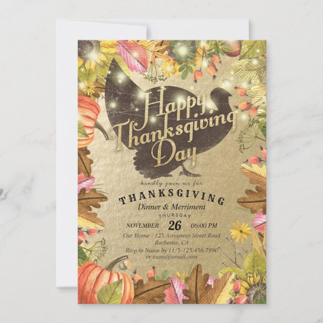 Thanksgiving Dinner Turkey Pumpkins & Fall Leaves Invitation (Front)