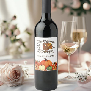 Thanksgiving dinner turkey pumpkins wine label