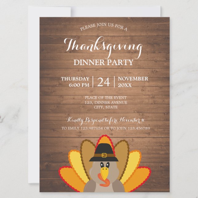 Thanksgiving Dinner Turkey wood Invitation Card (Front)