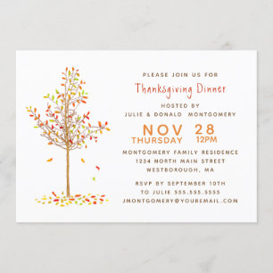 Thanksgiving Dinner Watercolor Autumn Tree Leaves Invitation