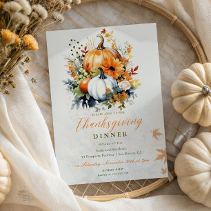 Thanksgiving Dinner Watercolor Floral Pumpkins  Invitation
